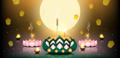 Loy Krathong Festival. Night full moon celebration with Krathong-made from banana leaf, Krathong-made from pink lotus petal and coconut shell krathong floating on river. Vector illustration.