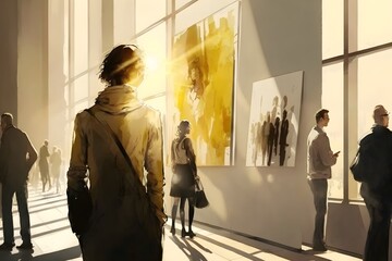 Illustration from an art gallery vernissage modern sunny light  - obrazy, fototapety, plakaty
