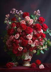 Vibrant bouquet of red and pink flowers in a decorative vase