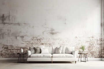 A minimalist white couch against a rustic brick wall