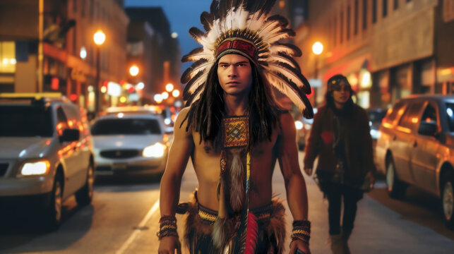 native american chief wearing feathers costume walking in the street downtown nightlife party