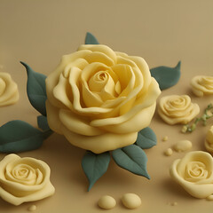 Yellow rose with green leaves on beige background. 3d render