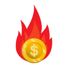 Vector illustration of burning coins. Colored vector for website design. Simple design with transparent background (PNG).