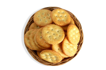 cracker biscuits isolated in basket,cutout transparent background,top view