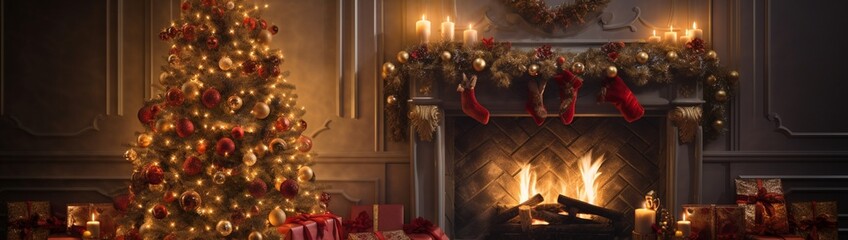 Christmas Tree with Gifts Next to Lighted Fireplace