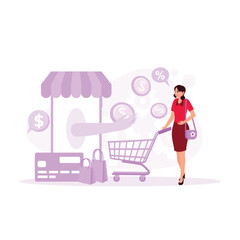 Women doing online shopping. Image of hand from mobile phone catching coins. Cash Back concept. Trend Modern vector flat illustration