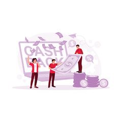 The youth group promotes products and earns money from laptops. Cash Back concept. Trend Modern vector flat illustration