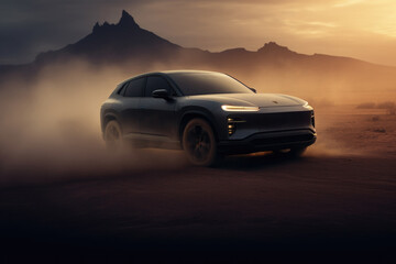 Off-road electric adventure: Premium black luxury SUV driving amidst the vastness of a dry desert landscape. - obrazy, fototapety, plakaty