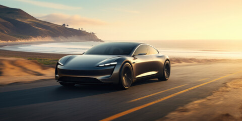 Elegant Black Electric Sports Car on a Scenic Curve Overlooking Ocean Views in Sunny Weather - obrazy, fototapety, plakaty