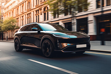 A black EV luxury SUV drives along a sunny road. Electric car in the street of a city - obrazy, fototapety, plakaty