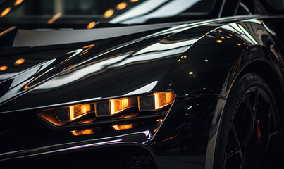 Close-up view of a black Supercar or Hypercar Headlight, illuminated by hard light. - obrazy, fototapety, plakaty