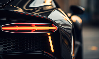 Close-up detail view from the back of a black Supercar or Hypercar rear Headlight