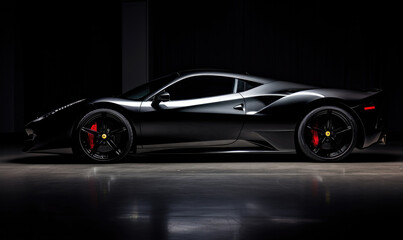 Dramatic side profile of a sleek black expensive luxury supercar, accentuated by hard light