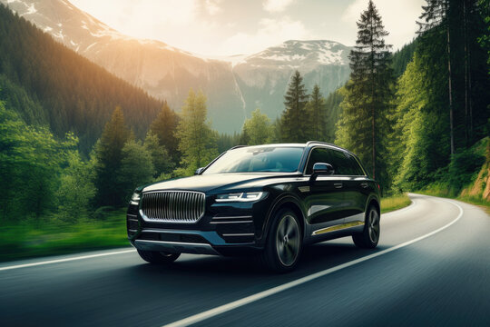 Sunny Day Drive with a Luxurious Black SUV on Curvy Road Through Forested Area