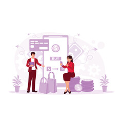Happy wife shopping online with husband. The couple uses credit cards to pay bills. Internet Banking concept. Trend Modern vector flat illustration