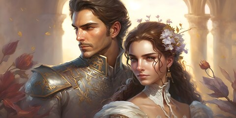 a beautiful Spanish princess and a handsome spaniard very masculine with brown eyes nice composition flirty pose wearing a half luxury armor stunning palace background with flowers very windy sunset  - obrazy, fototapety, plakaty