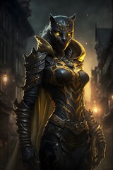 transmogrified bipedal humanoid beautiful female panther wearing black and yellow assassins robes portrait epic scene extreme detail in face glowing yellow eyes in the shadows night time fantasy 