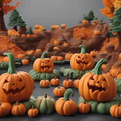 Naklejka na ściany i meble Halloween pumpkins in the forest. 3d render illustration.