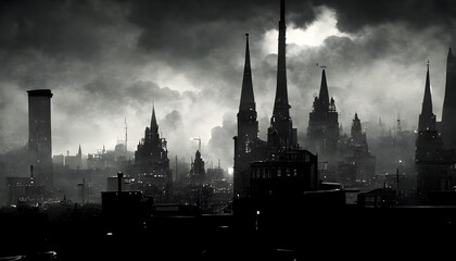 Dark Noir Cityscape with chimneys gothic UltraHD 8k Photorealistic Unreal Engine Render  - obrazy, fototapety, plakaty
