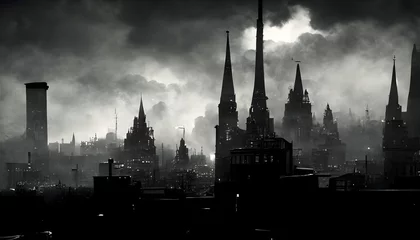 Fotobehang Dark Noir Cityscape with chimneys gothic UltraHD 8k Photorealistic Unreal Engine Render  © Eric