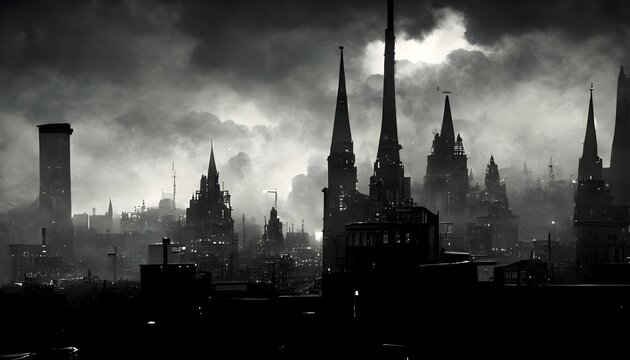 Dark Noir Cityscape with chimneys gothic UltraHD 8k Photorealistic Unreal Engine Render 