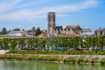 Bell tower of the late-gothic Parish Church of Saint Crépin overlooking the River Marne in the...