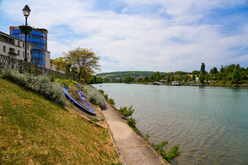 Banks of the River Marne in the town of Château-Thierry in the French department Aisne in Picardie