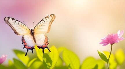 Fototapeta premium Macro of beautiful butterfly flying near spring leaves in fall season at sunrise on light background. Banner