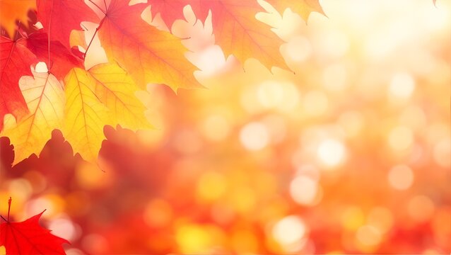 Beautiful autumn background with red leaves and bokeh sunshine, bokeh and glow. Falling leaves natural background.
