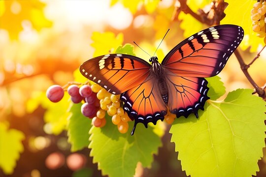  A butterfly on black wine grapes, grape harvest, vineyard on yellow sunshine background with bokeh lights. Autumn morning banner.