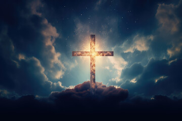 Cross Illuminated in Dark Sky with Clouds, God, Religion, Generative AI
