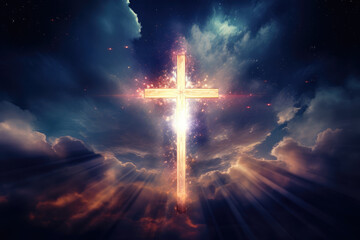 Cross Illuminated in Dark Sky with Clouds, God, Religion, Generative AI