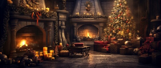 Christmas tree with presents and toys against a burning fireplace. Santa Claus' throne is in a magical room