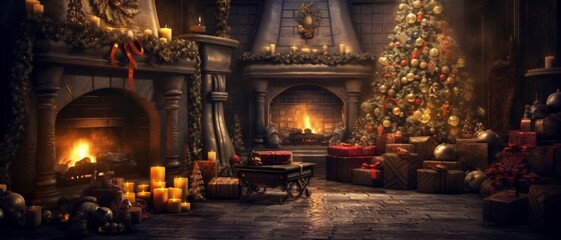 Obraz premium Christmas tree with presents and toys against a burning fireplace. Santa Claus' throne is in a magical room