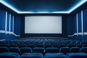 Empty of cinema in blue color with white blank screen. Mockup of cinema hall