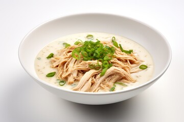 Top shot of a white bowl in it that is atop a white paper with Ginger shredded Chicken Soup