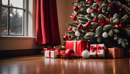 Christmas tree surrounded by gifts and white and red baubles next to a window with red curtains