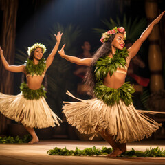 women hula dancers in hawaii on stage.