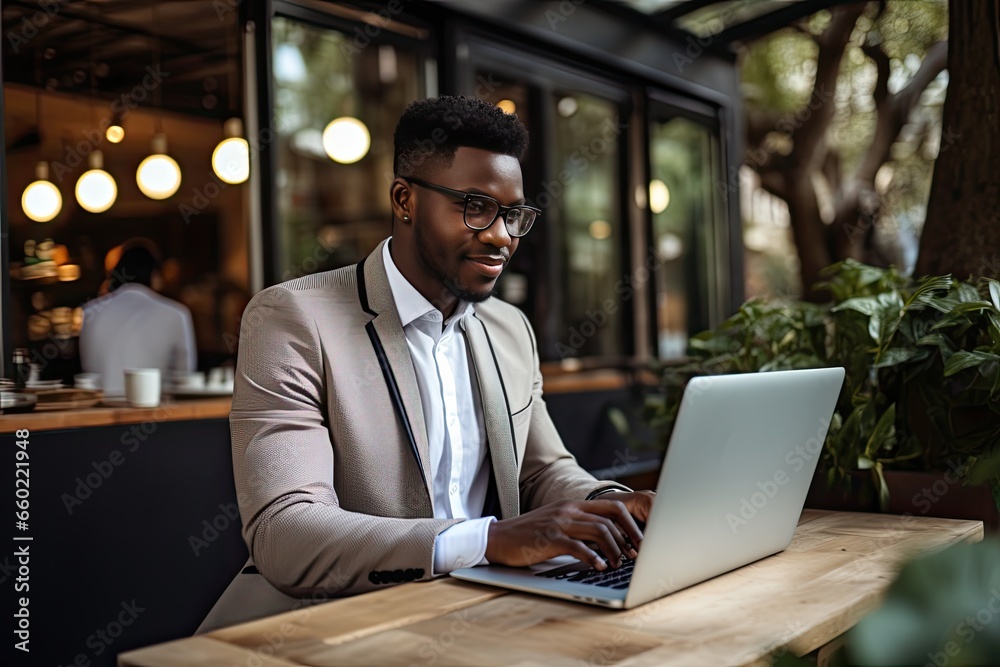 Wall mural smiling african american businessman working with laptop in coffee shop