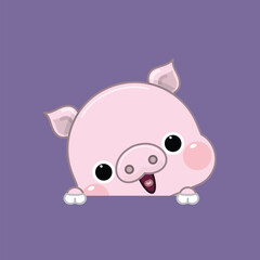 A Cute Cartoon Pink Pig Peeks Out and Smiles to Greet. Vector Illustration.