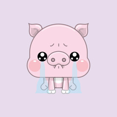 A Cute Cartoon Pink Pig Kneeling in Tears, Feeling Sad. Vector Illustration.