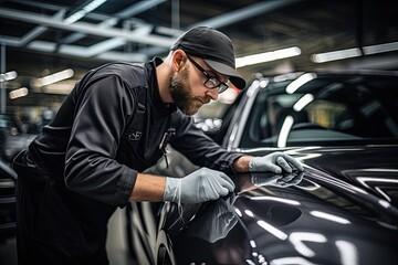 Obraz premium Car detailing series : Worker polishing a car in auto service