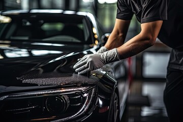 Car detailing series : Worker polishing a car in auto service