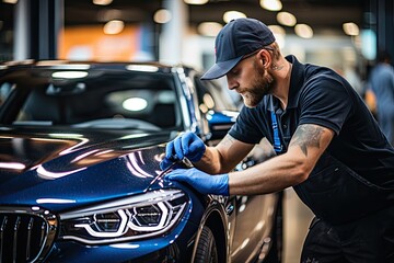 Fototapeta na wymiar Car detailing series : Worker polishing a car in auto service