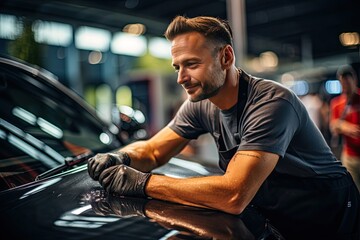 Obraz premium Car detailing series : Worker polishing a car in auto service