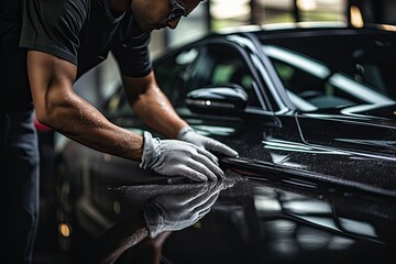 Fototapeta na wymiar Car detailing series : Worker polishing a car in auto service
