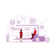 Businessman writing and signing blank bank checks with computer notebook. Payroll concept. Trend Modern vector flat illustration