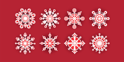 Vector set of snowflakes on red background
