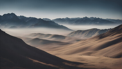 Fototapeta na wymiar Mountain landscape with sand dunes at sunrise. 3d rendering