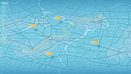 Isometric navigate mapping technology for distance data, path turns. Abstract map with unique lines, geometric patterns background. City top view. Streets, blocks, route for movement on the streets.